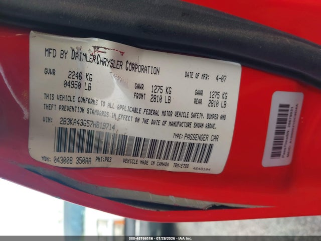 45766116 :رقم المزاد ، 2B3KA43G57H819714 vin ، 2007 Dodge Charger مزاد بيع