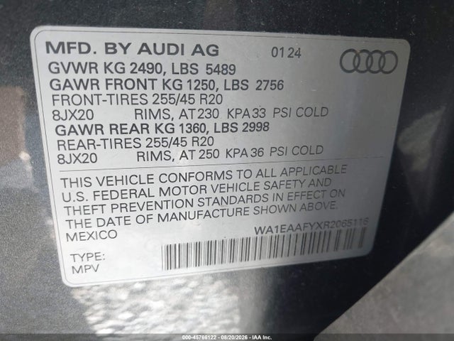 Aukcja sprzedaży 2024 Audi Q5 Premium Plus 45 Tfsi S Line Quattro, vin: WA1EAAFYXR2065116, numer aukcji: 45766122
