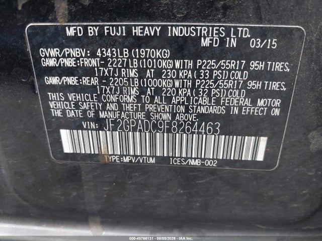 JF2GPADC9F8264463 Subaru Xv Crosstrek 2.0i Premium