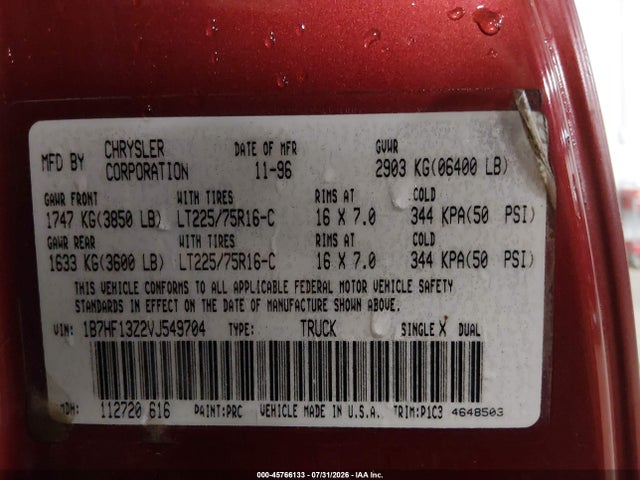 Aukcja sprzedaży 1997 Dodge Ram 1500 St, vin: 1B7HF13Z2VJ549704, numer aukcji: 45766133