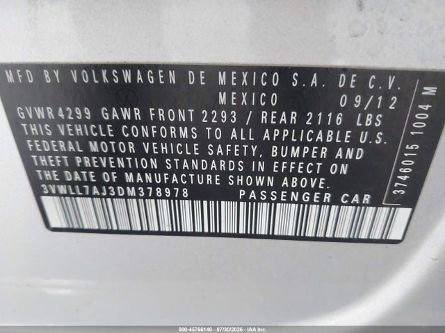 Продажа на аукционе авто 2013 Volkswagen Jetta 2.0l Tdi, vin: 3VWLL7AJ3DM378978, номер лота: 45766140