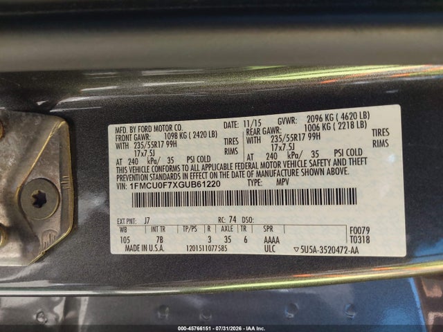 Ford ESCAPE S 2016 1FMCU0F7XGUB61220 Image 9