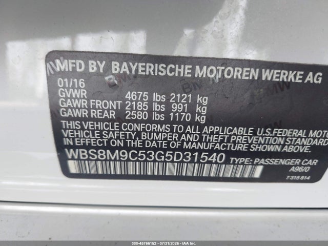 45766152 :رقم المزاد ، WBS8M9C53G5D31540 vin ، 2016 Bmw M3 مزاد بيع