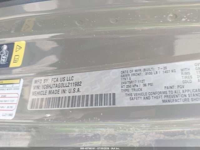 45766161 :رقم المزاد ، 1C6HJTAG0LL211982 vin ، 2020 Jeep Gladiator Sport 4x4 مزاد بيع