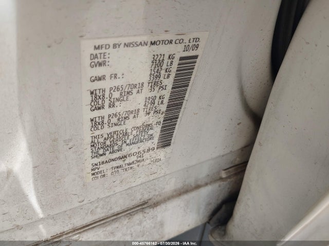 45766162 :رقم المزاد ، 5N1BA0ND9AN606589 vin ، 2010 Nissan Armada Se مزاد بيع