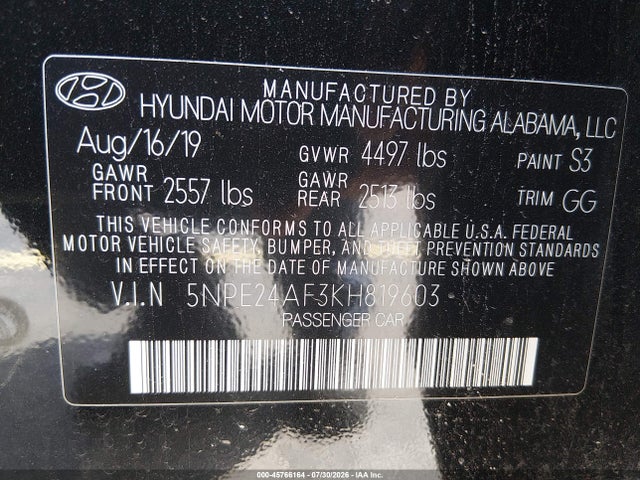 2019 Hyundai Sonata Se მანქანა იყიდება აუქციონზე, vin: 5NPE24AF3KH819603, აუქციონის ნომერი: 45766164
