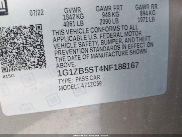 45766166 :رقم المزاد ، 1G1ZB5ST4NF188167 vin ، 2022 Chevrolet Malibu Fwd Ls مزاد بيع