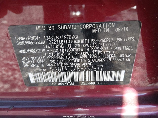 JF2GTADC4KH232977 Subaru Crosstrek 2.0i Premium
