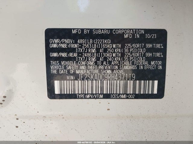 Продаж на аукціоні авто 2024 Subaru Forester Premium, vin: JF2SKADC9RH437119, номер лоту: 45766182