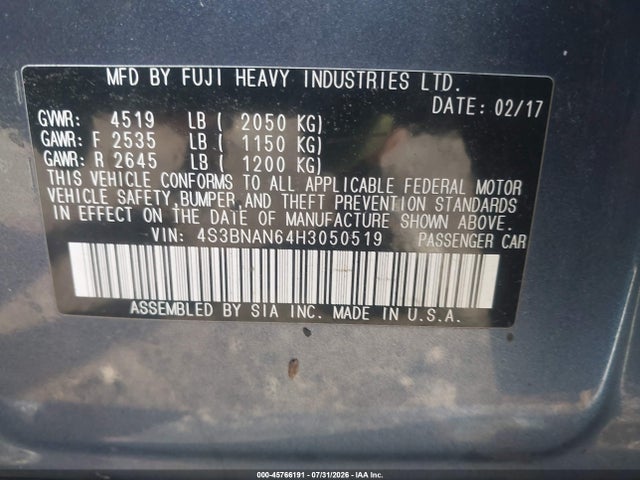 Aukcja sprzedaży 2017 Subaru Legacy 2.5i Limited, vin: 4S3BNAN64H3050519, numer aukcji: 45766191
