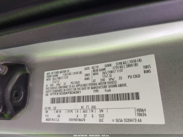 Продажа на аукционе авто 2019 Ford F-150 Xl, vin: 1FTFX1E55KFB36561, номер лота: 45766194