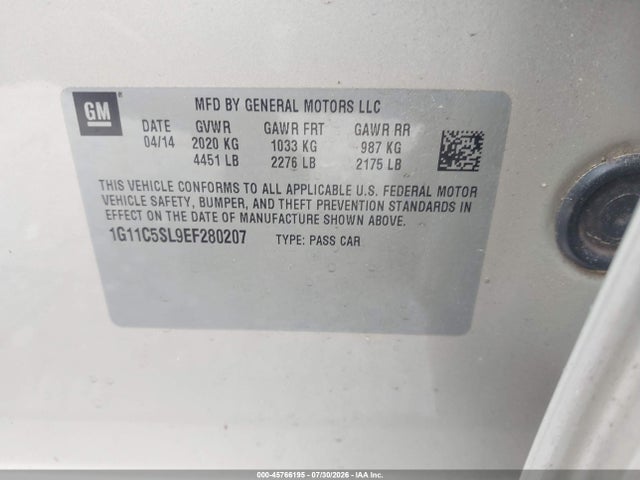 Aukcja sprzedaży 2014 Chevrolet Malibu 1lt, vin: 1G11C5SL9EF280207, numer aukcji: 45766195