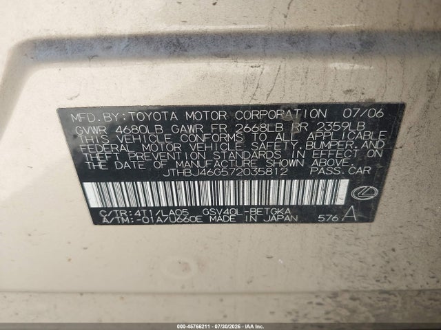 Aukcja sprzedaży 2007 Lexus Es 350, vin: JTHBJ46G572035812, numer aukcji: 45766211