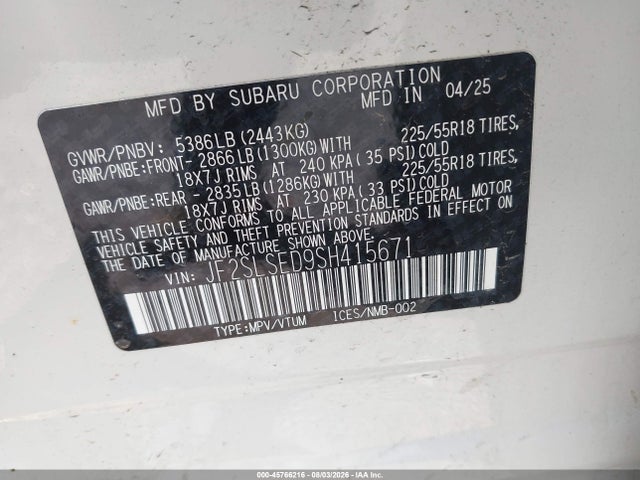 Aukcja sprzedaży 2025 Subaru Forester Premium Hybrid, vin: JF2SLSED9SH415671, numer aukcji: 45766216