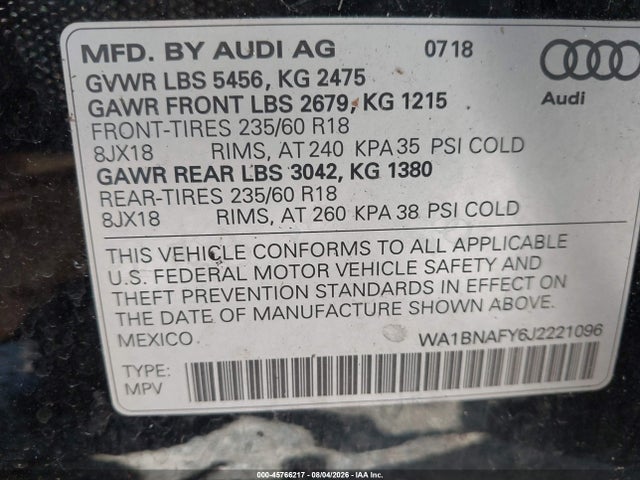 Aukcja sprzedaży 2018 Audi Q5, vin: WA1BNAFY6J2221096, numer aukcji: 45766217