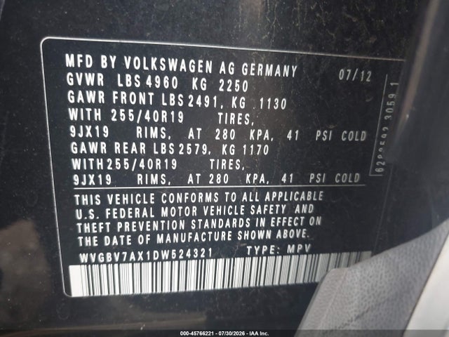 2013 Volkswagen Tiguan Sel მანქანა იყიდება აუქციონზე, vin: WVGBV7AX1DW524321, აუქციონის ნომერი: 45766221