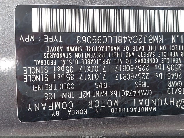 Aukcja sprzedaży 2020 Hyundai Tucson Se, vin: KM8J2CA48LU099063, numer aukcji: 45766229
