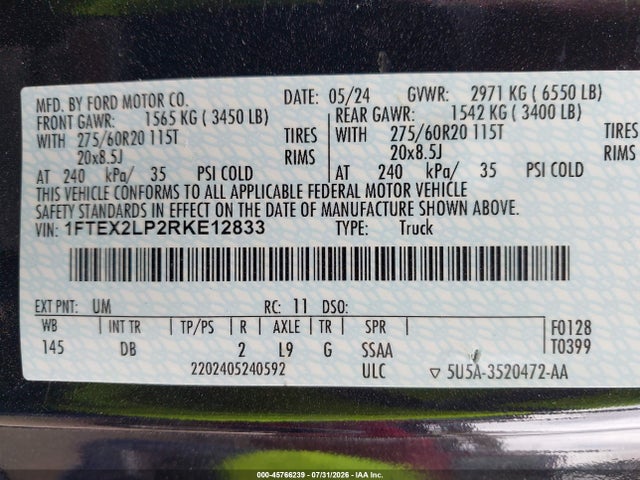 45766239 :رقم المزاد ، 1FTEX2LP2RKE12833 vin ، 2024 Ford F-150 Stx مزاد بيع
