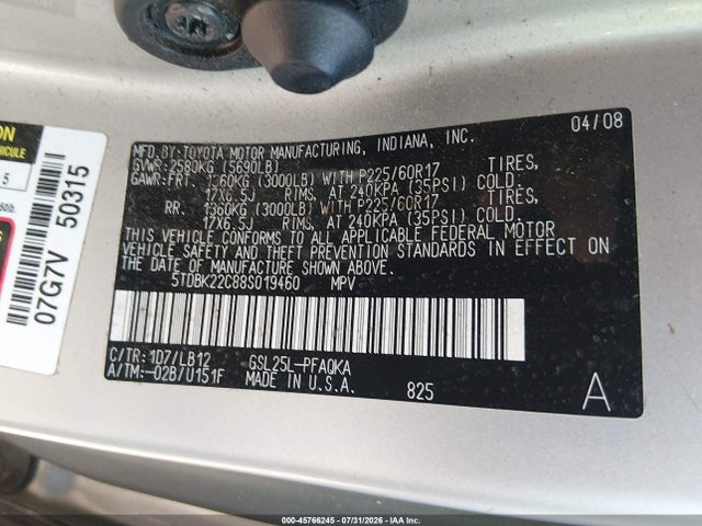 Продажа на аукционе авто 2008 Toyota Sienna Limited, vin: 5TDBK22C88S019460, номер лота: 45766245