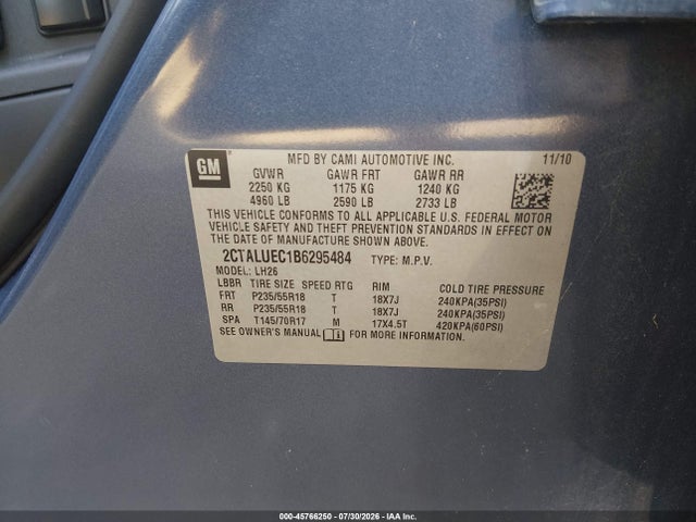 45766250 :رقم المزاد ، 2CTALUEC1B6295484 vin ، 2011 Gmc Terrain Slt-1 مزاد بيع