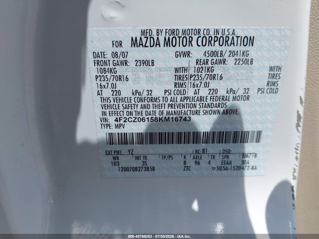 Aukcja sprzedaży 2008 Mazda Tribute S Touring, vin: 4F2CZ06158KM16743, numer aukcji: 45766253
