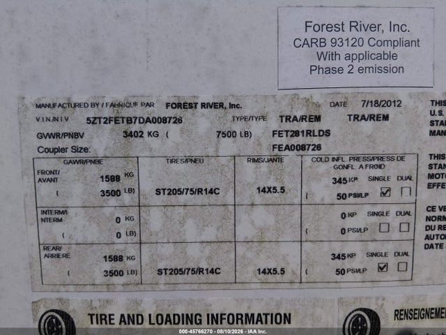 Продажа на аукционе авто 2013 Forest River Travel Trlr, vin: 5ZT2FETB7DA008726, номер лота: 45766270