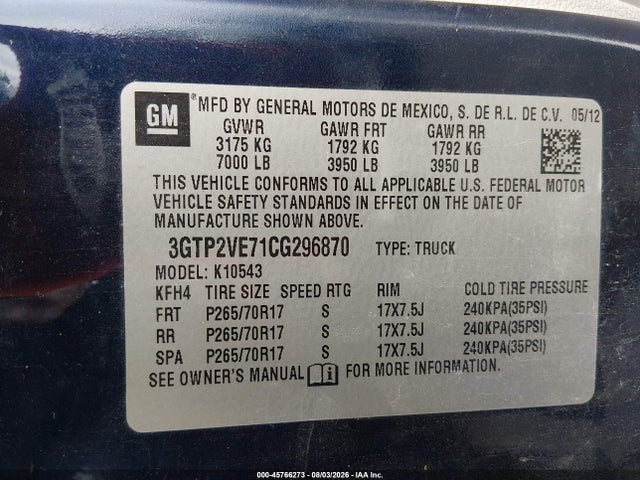 45766273 :رقم المزاد ، 3GTP2VE71CG296870 vin ، 2012 Gmc Sierra 1500 Sle مزاد بيع