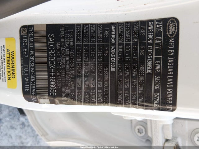 2017 Land Rover Discovery Sport Hse მანქანა იყიდება აუქციონზე, vin: SALCR2BGXHH696056, აუქციონის ნომერი: 45766284