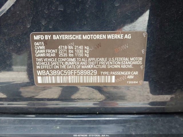 2015 Bmw 335i Xdrive მანქანა იყიდება აუქციონზე, vin: WBA3B9C59FF589829, აუქციონის ნომერი: 45766290