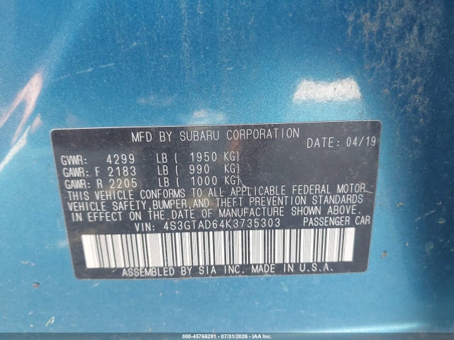 Продаж на аукціоні авто 2019 Subaru Impreza 2.0i Premium, vin: 4S3GTAD64K3735303, номер лоту: 45766291