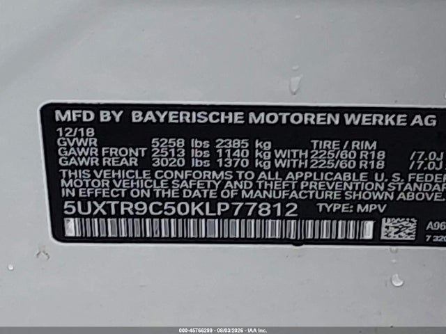 Aukcja sprzedaży 2019 Bmw X3 Xdrive30i, vin: 5UXTR9C50KLP77812, numer aukcji: 45766299