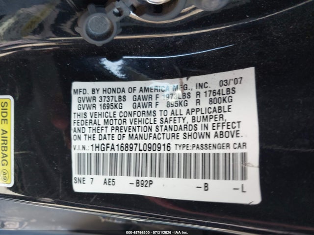 Aukcja sprzedaży 2007 Honda Civic Ex, vin: 1HGFA16897L090916, numer aukcji: 45766300