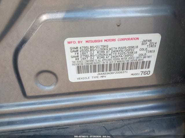 45766313 :رقم المزاد ، JA4AD3A36FZ006371 vin ، 2015 Mitsubishi Outlander Se مزاد بيع