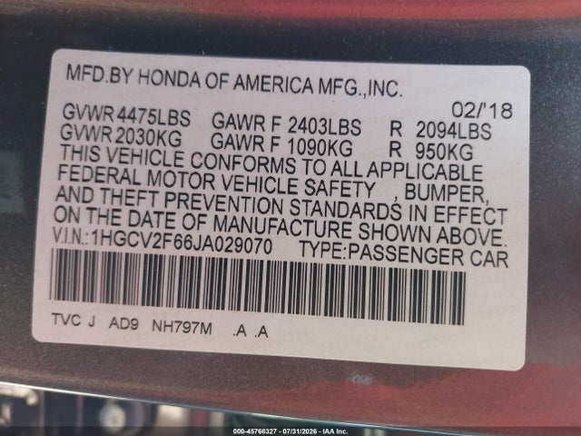 1HGCV2F66JA029070 Honda Accord Ex-l 2.0t