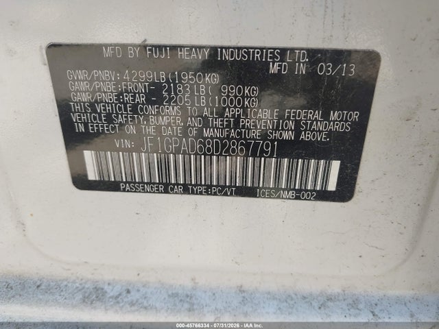Aukcja sprzedaży 2013 Subaru Impreza 2.0i Premium, vin: JF1GPAD68D2867791, numer aukcji: 45766334