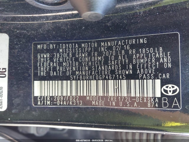 Продаж на аукціоні авто 2016 Toyota Corolla S, vin: 5YFBURHE0GP467145, номер лоту: 45766335