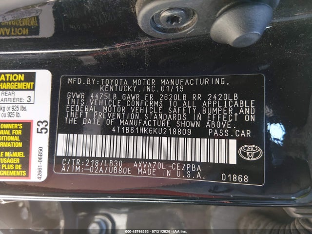 4T1B61HK6KU218809 Toyota CAMRY XSE