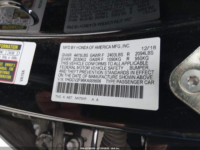 Продаж на аукціоні авто 2019 Honda Accord Touring 2.0t, vin: 1HGCV2F96KA005606, номер лоту: 45766358