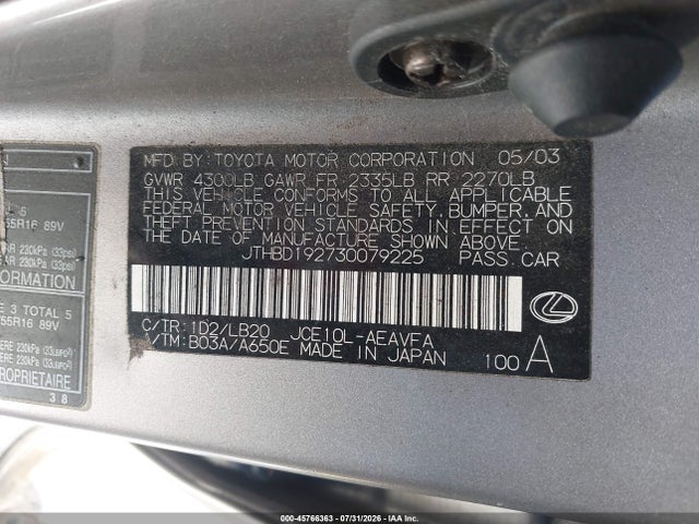 Продаж на аукціоні авто 2003 Lexus Is 300, vin: JTHBD192730079225, номер лоту: 45766363