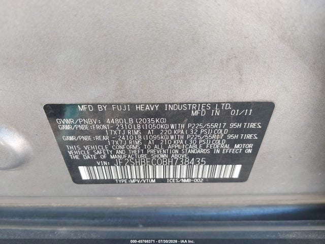 2011 Subaru Forester 2.5x Limited მანქანა იყიდება აუქციონზე, vin: JF2SHBEC0BH738435, აუქციონის ნომერი: 45766371