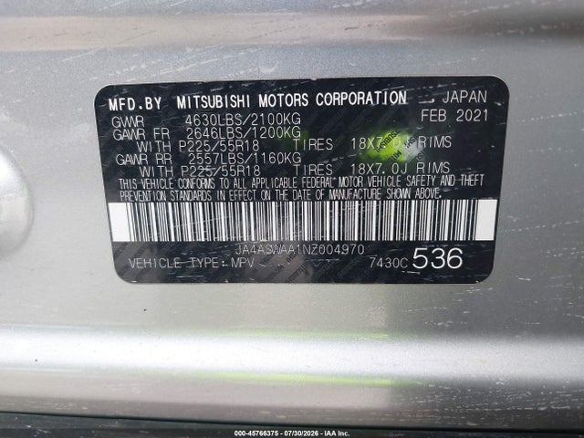 Aukcja sprzedaży 2022 Mitsubishi Eclipse Cross Se/se Special Edition/sel/sel Special Edition, vin: JA4ASWAA1NZ004970, numer aukcji: 45766375
