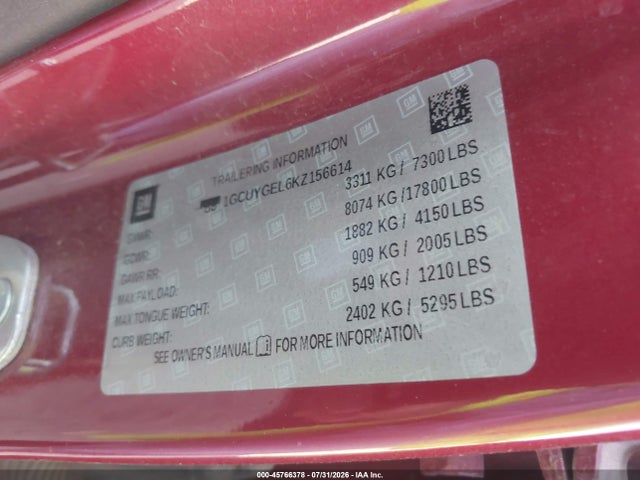 2019 Chevrolet Silverado 1500 Ltz მანქანა იყიდება აუქციონზე, vin: 1GCUYGEL6KZ156614, აუქციონის ნომერი: 45766378