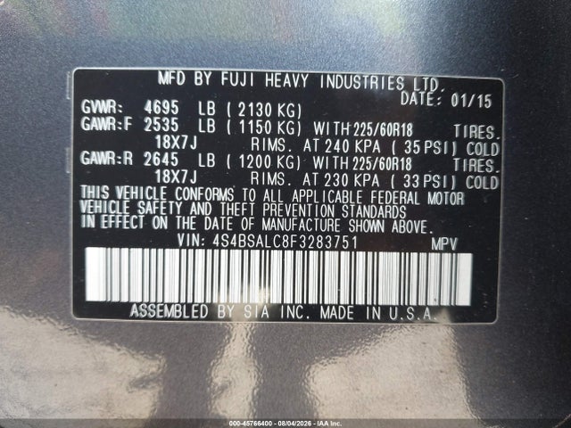 45766400 :رقم المزاد ، 4S4BSALC8F3283751 vin ، 2015 Subaru Outback 2.5i Limited مزاد بيع