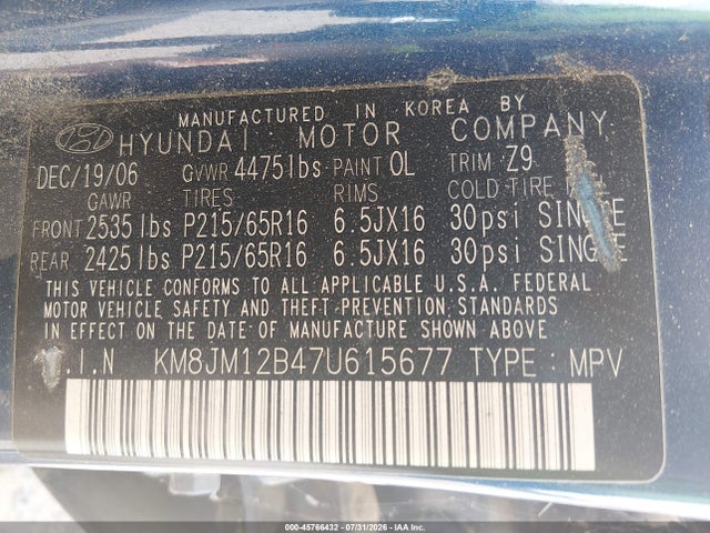Продаж на аукціоні авто 2007 Hyundai Tucson Gls, vin: KM8JM12B47U615677, номер лоту: 45766432