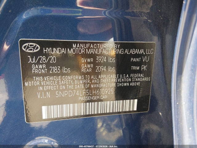 5NPD74LF5LH610925 Hyundai ELANTRA SE