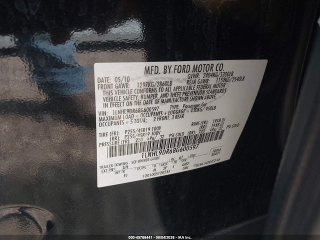 Продаж на аукціоні авто 2011 Lincoln Mks, vin: 1LNHL9DR6BG600597, номер лоту: 45766441