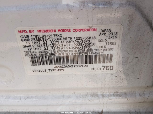 45766444 :رقم المزاد ، JA4AZ3A3XEZ002128 vin ، 2014 Mitsubishi Outlander Se مزاد بيع