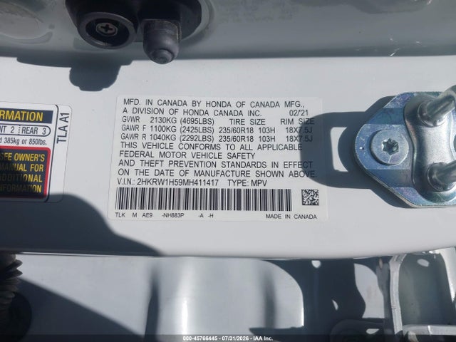 2HKRW1H59MH411417 Honda Cr-v 2wd Ex