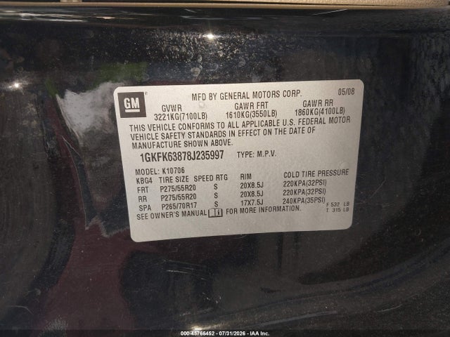 Продажа на аукционе авто 2008 Gmc Yukon Denali, vin: 1GKFK63878J235997, номер лота: 45766452