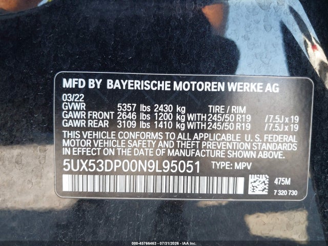 Продажа на аукционе авто 2022 Bmw X3 Xdrive30i, vin: 5UX53DP00N9L95051, номер лота: 45766463